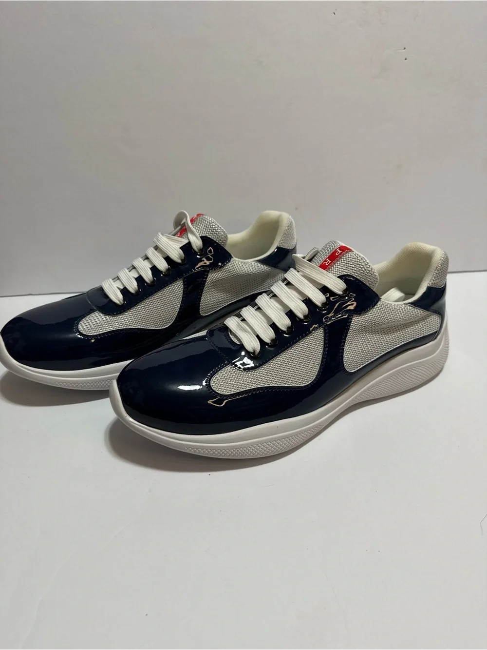 Prada America’s Cup Style Patent Mesh Sneakers Navy White Men’s Size 10.5 EU 44 - Picture 1 of 10